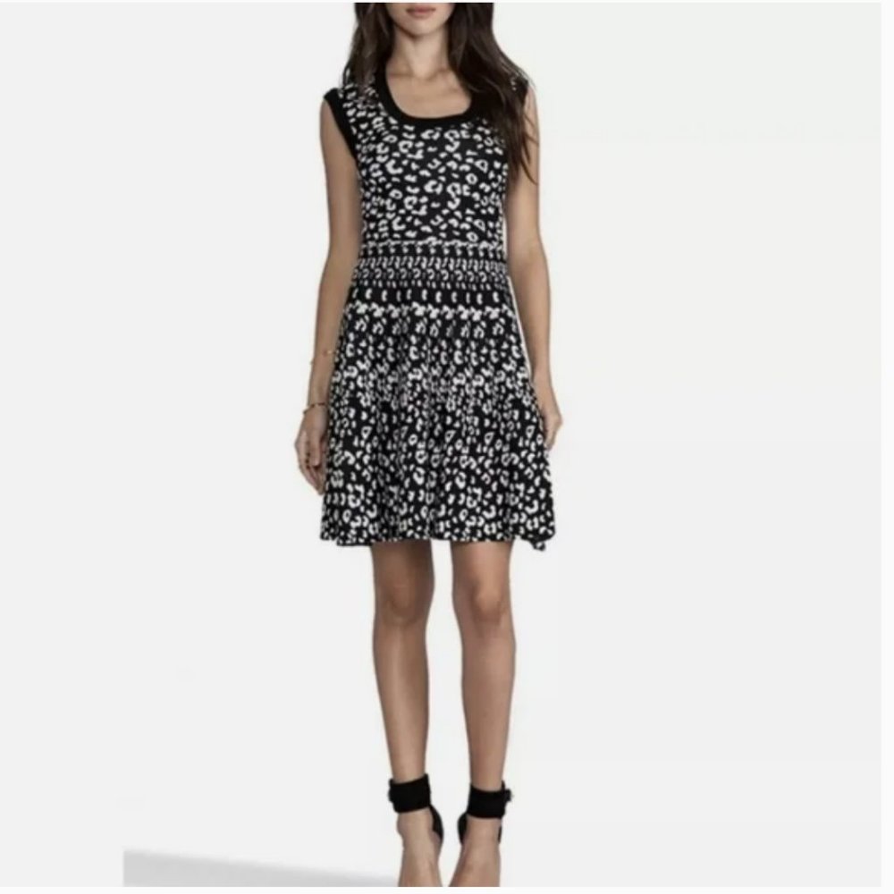 Rebecca Taylor Intarsia Knit Sleeveless Snow Leopard Print Dress